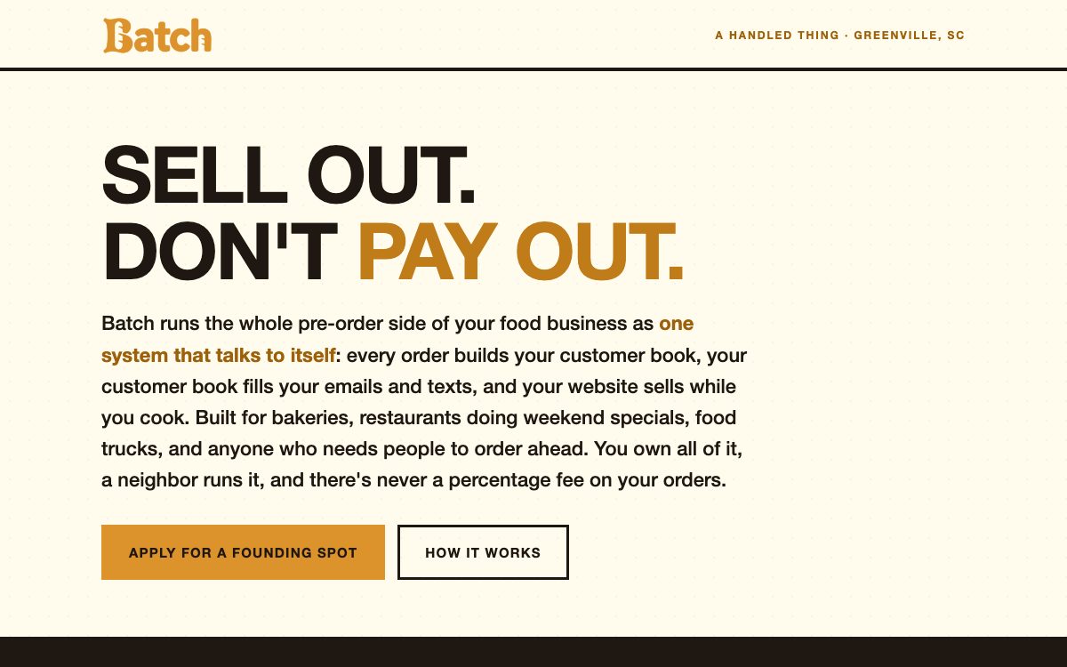 Batch landing page: "Sell out. Don’t pay out." in big block letters