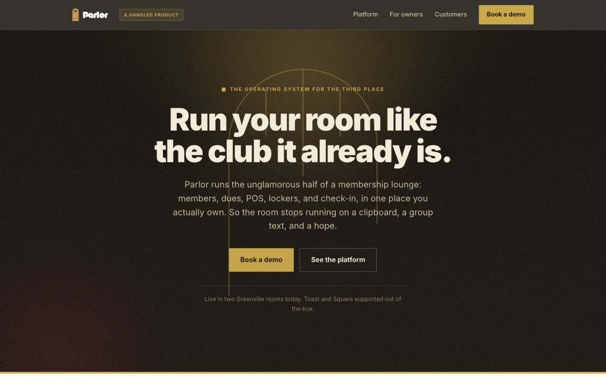 Parlor homepage: "Run your room like the club it already is" over a dark lounge backdrop
