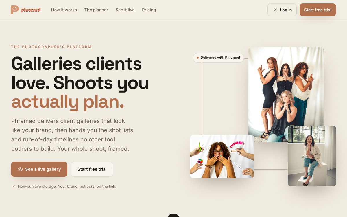Phramed landing page: "Galleries clients love. Shoots you actually plan."