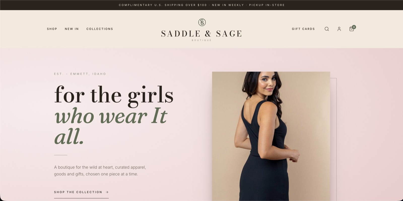 The Saddle & Sage storefront after the rebuild: an editorial layout with a serif wordmark, a full-bleed product photo, and a clear shop navigation.