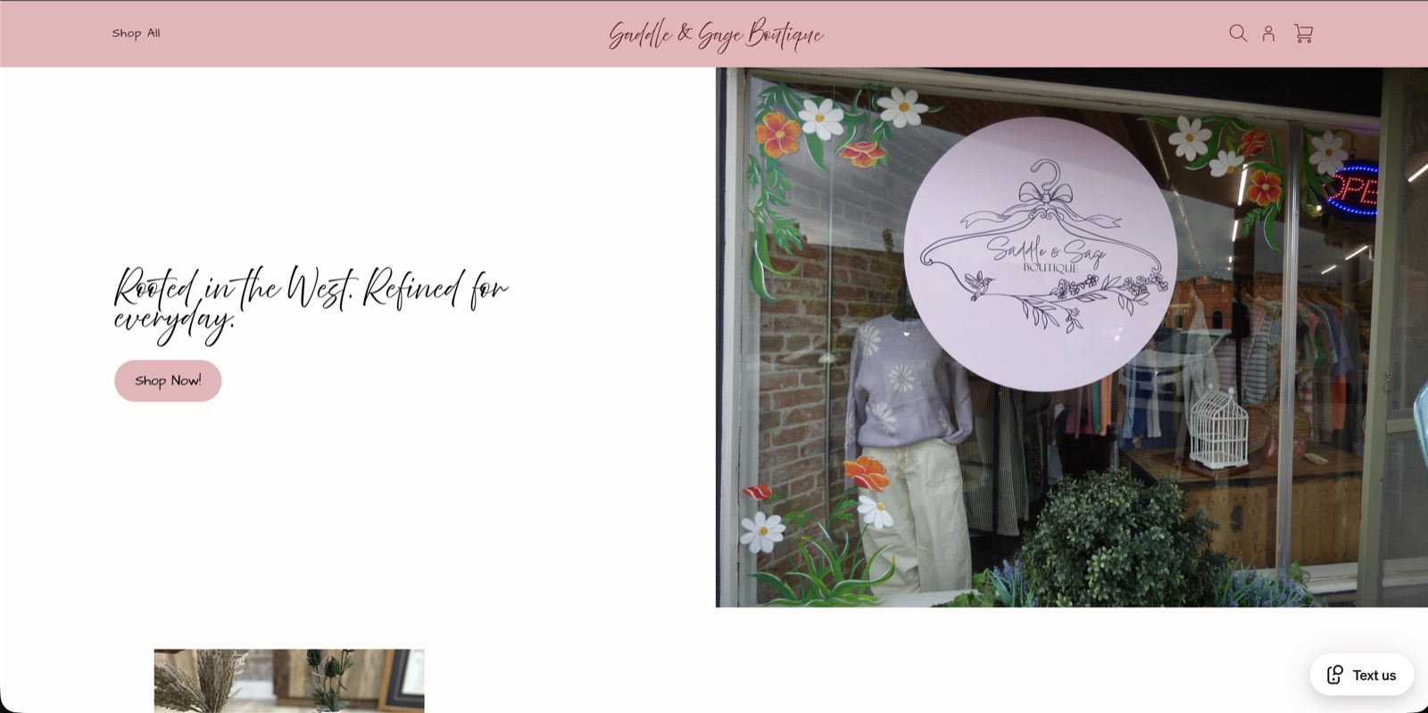 The Saddle & Sage storefront before the rebuild: a templated Square Online page with a script headline over a photo of the shop window.